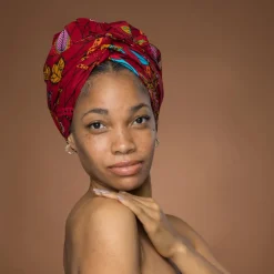 Easy headwrap / hoofddoek - Satijnen binnenkant - Donkerrood & Geel Botanical Flow