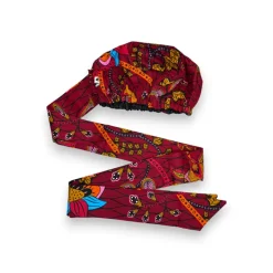 Easy headwrap / hoofddoek - Satijnen binnenkant - Donkerrood & Geel Botanical Flow