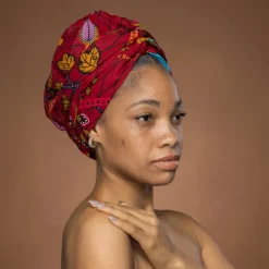 Easy headwrap / hoofddoek - Satijnen binnenkant - Donkerrood & Geel Botanical Flow
