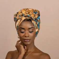 Easy headwrap / hoofddoek - Satijnen binnenkant - Bruin / blauw