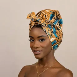 Easy headwrap / hoofddoek - Satijnen binnenkant - Bruin / blauw