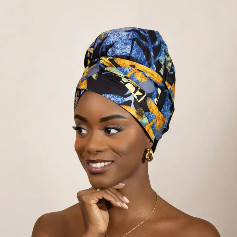 Easy headwrap / hoofddoek - Satijnen binnenkant - Blauw / zwart