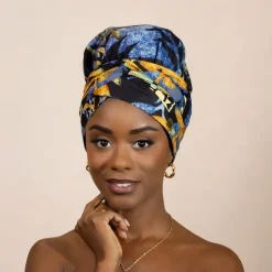 Easy headwrap / hoofddoek - Satijnen binnenkant - Blauw / zwart