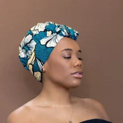 Easy headwrap / hoofddoek - Satijnen binnenkant - Donker turquoise bloom