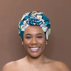 Easy headwrap / hoofddoek - Satijnen binnenkant - Donker turquoise bloom