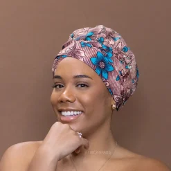 Easy headwrap / hoofddoek - Satijnen binnenkant - koraal / blauw bloom