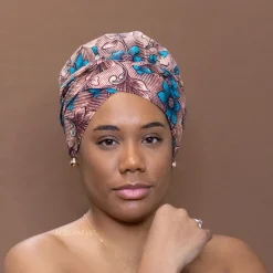 Easy headwrap / hoofddoek - Satijnen binnenkant - koraal / blauw bloom