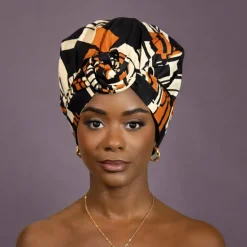 Easy headwrap / hoofddoek - Satijnen binnenkant - Oranje / zwart