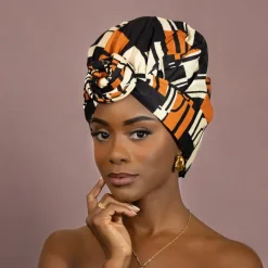 Easy headwrap / hoofddoek - Satijnen binnenkant - Oranje / zwart