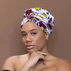 Easy headwrap / hoofddoek - Satijnen binnenkant - Wit rood / Geel bloom