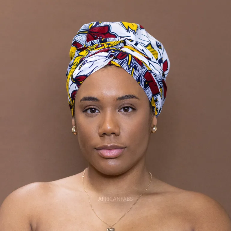Easy headwrap / hoofddoek - Satijnen binnenkant - Wit rood / Geel bloom