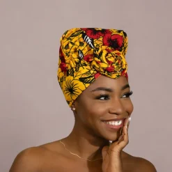 Easy headwrap / hoofddoek - Satijnen binnenkant - Gele Flowers