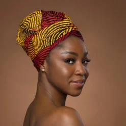 Easy headwrap / hoofddoek - Satijnen binnenkant - Rood & Geel Concentric