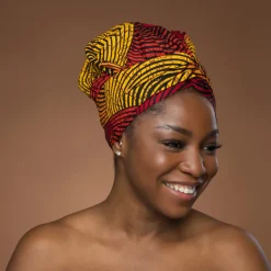 Easy headwrap / hoofddoek - Satijnen binnenkant - Rood & Geel Concentric
