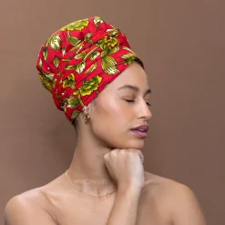 Easy headwrap / hoofddoek - Satijnen binnenkant - Rood / Geel bloom