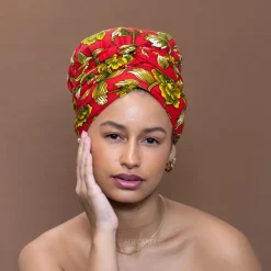 Easy headwrap / hoofddoek - Satijnen binnenkant - Rood / Geel bloom