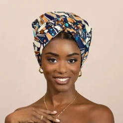 Easy headwrap / hoofddoek - Satijnen binnenkant - Blauw / bruin