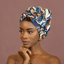 Easy headwrap / hoofddoek - Satijnen binnenkant - Blauw / bruin