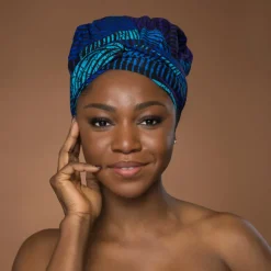 Easy headwrap / hoofddoek - Satijnen binnenkant - Blauw & Turquoise Concentric