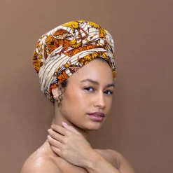 Easy headwrap / hoofddoek - Satijnen binnenkant - Beige / geel bloom