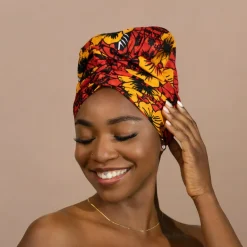 Easy headwrap / hoofddoek - Satijnen binnenkant - Rode Flowers