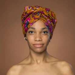Easy headwrap / hoofddoek - Satijnen binnenkant - Mosterd & Roze