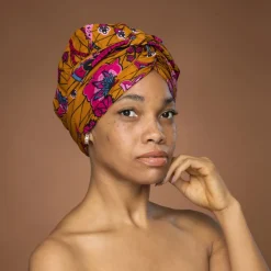 Easy headwrap / hoofddoek - Satijnen binnenkant - Mosterd & Roze