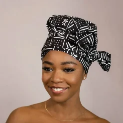 Easy headwrap / hoofddoek - Satijnen binnenkant - Zwart Witte X Bogolan