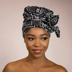 Easy headwrap / hoofddoek - Satijnen binnenkant - Zwart Witte X Bogolan