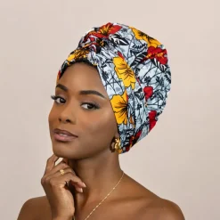 Easy headwrap / hoofddoek - Satijnen binnenkant - Lichtgrijze Flowers