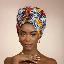 Easy headwrap / hoofddoek - Satijnen binnenkant - Lichtgrijze Flowers