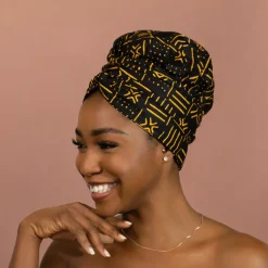 Easy headwrap / hoofddoek - Satijnen binnenkant - Zwart / Gele Bogolan