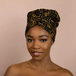 Easy headwrap / hoofddoek - Satijnen binnenkant - Zwart / Gele Bogolan
