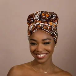 Easy headwrap / hoofddoek - Satijnen binnenkant - Bruine patronen Bogolan