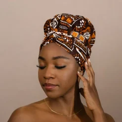 Easy headwrap / hoofddoek - Satijnen binnenkant - Bruine patronen Bogolan