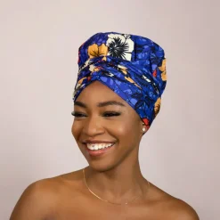 Easy headwrap / hoofddoek - Satijnen binnenkant - Blauw bloem