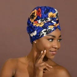 Easy headwrap / hoofddoek - Satijnen binnenkant - Blauw bloem