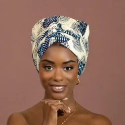 Easy headwrap / hoofddoek - Satijnen binnenkant - Blauw / witte bloem
