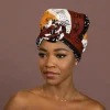 Easy headwrap / hoofddoek - Satijnen binnenkant - Donkerbruin / Geel Bogolan Symbols