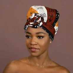 Easy headwrap / hoofddoek - Satijnen binnenkant - Donkerbruin / Geel Bogolan Symbols