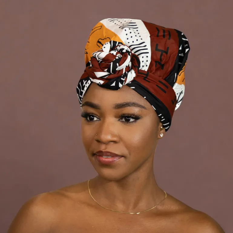 Easy headwrap / hoofddoek - Satijnen binnenkant - Donkerbruin / Geel Bogolan Symbols
