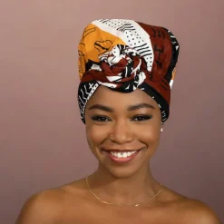 Easy headwrap / hoofddoek - Satijnen binnenkant - Donkerbruin / Geel Bogolan Symbols