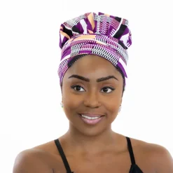 Easy headwrap / hoofddoek - Satijnen binnenkant - Paarse kente
