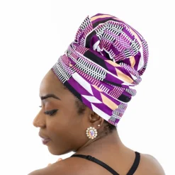 Easy headwrap / hoofddoek - Satijnen binnenkant - Paarse kente