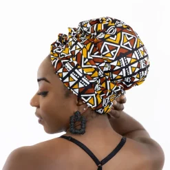 Easy headwrap / hoofddoek - Satijnen binnenkant - Mosterd / Witte Bogolan
