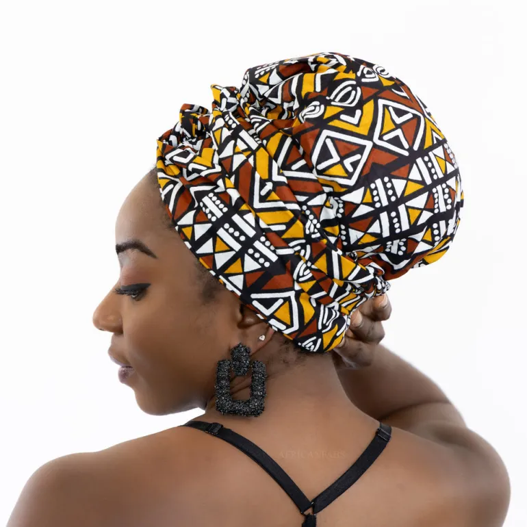 Easy headwrap / hoofddoek - Satijnen binnenkant - Mosterd / Witte Bogolan