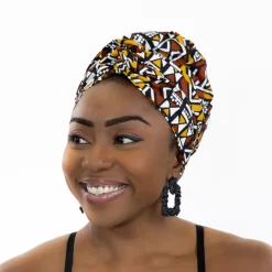 Easy headwrap / hoofddoek - Satijnen binnenkant - Mosterd / Witte Bogolan