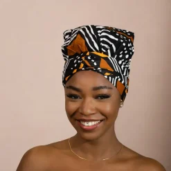 Easy headwrap / hoofddoek - Satijnen binnenkant - Zwart / oranje