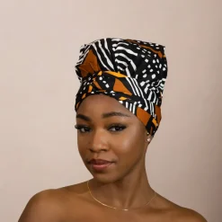 Easy headwrap / hoofddoek - Satijnen binnenkant - Zwart / oranje