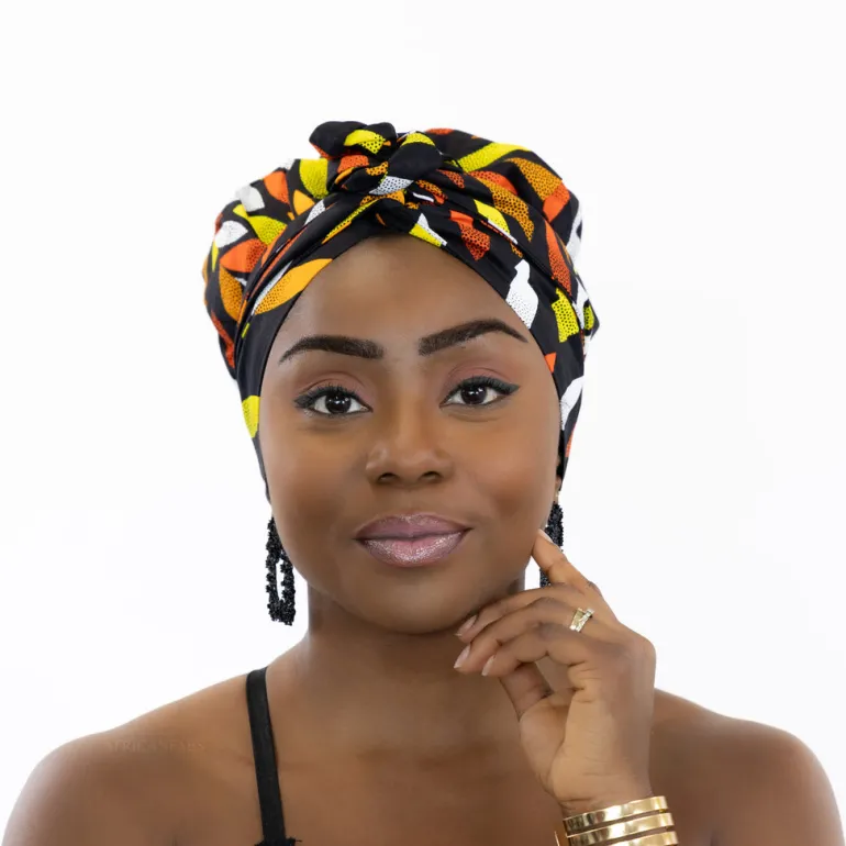 Easy headwrap / hoofddoek - Satijnen binnenkant - Zwart / gele sunburst